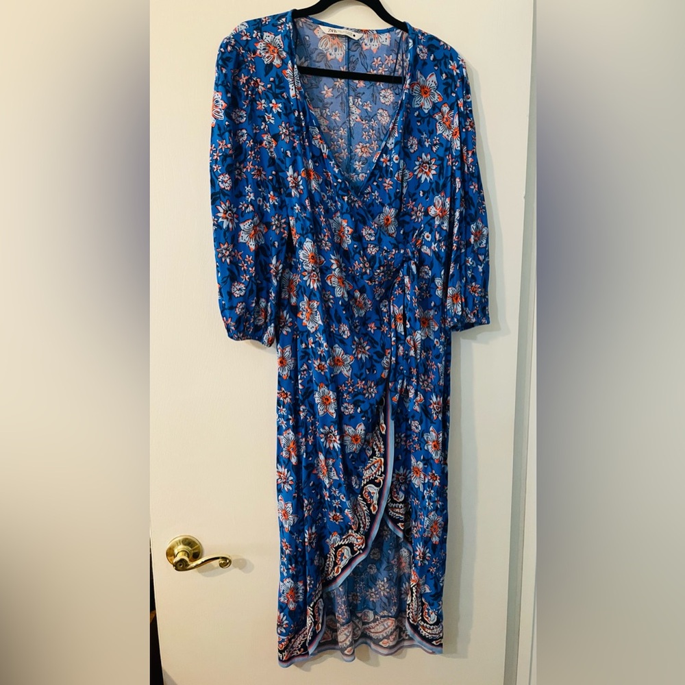 ZARA NWOT Floral Pattern Printed Wrap Hi Low Maxi Dress Size XL